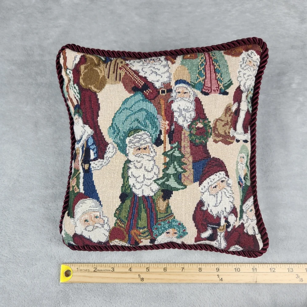 Vintage Tapestry Folk Santa Claus Christmas Emarald Green Throw Pillow 11”x11”